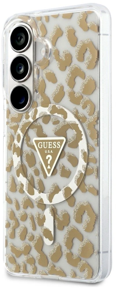 Dėklas Guess IML Leopard Print Triangle MagSafe Samsung Galaxy S26 rudos spalvos