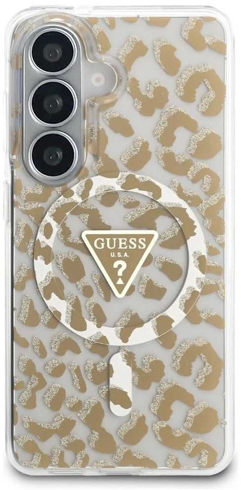 Dėklas Guess IML Leopard Print Triangle MagSafe Samsung Galaxy S26 rudos spalvos