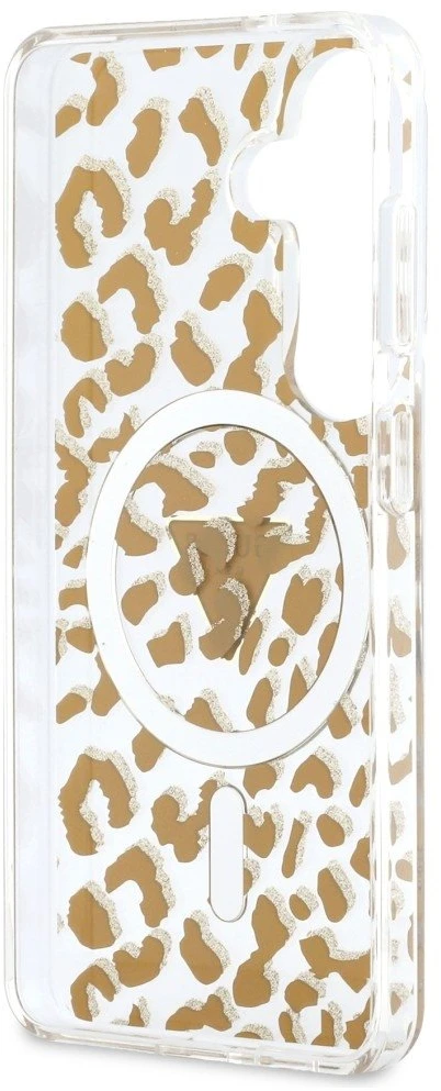 Dėklas Guess IML Leopard Print Triangle MagSafe Samsung Galaxy S26 rudos spalvos