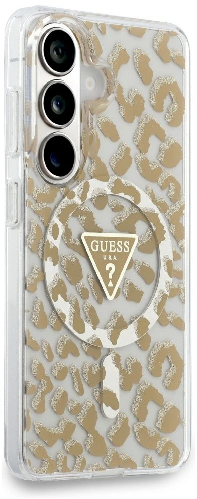 Dėklas Guess IML Leopard Print Triangle MagSafe Samsung Galaxy S26 rudos spalvos