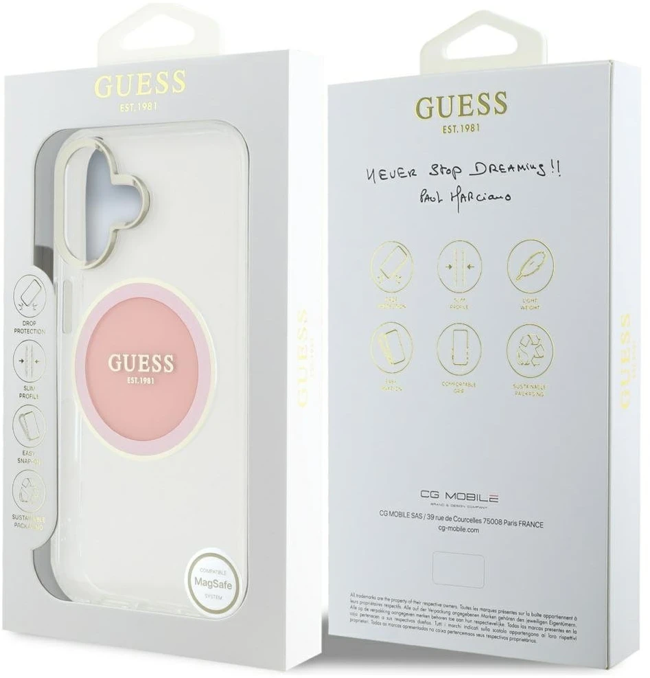 Dėklas Guess IML Metal Colored Circle Classic Logo MagSafe Apple iPhone 16 rožinės spalvos
