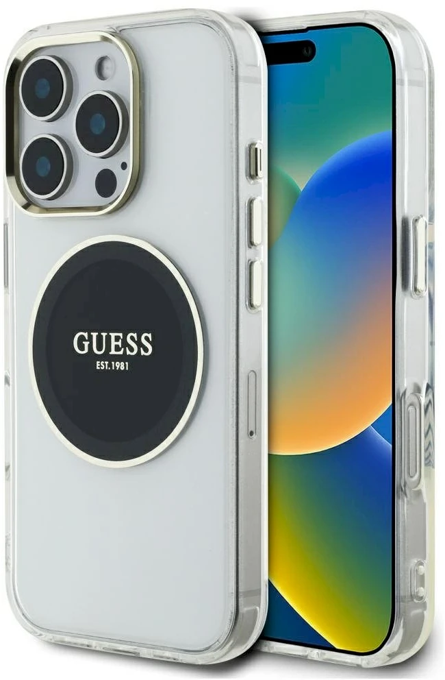 Dėklas Guess IML Metal Colored Circle Classic Logo MagSafe iPhone 16 Pro Max juodos spalvos