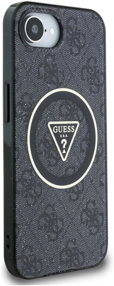 GUESS dėklas, skirtas IPHONE 16e (SE 4 2025) suderinamas su MagSafe GUHMPSE4HG4PRTGK (IML Metal Glitter 4G Circle Triangle) juodas