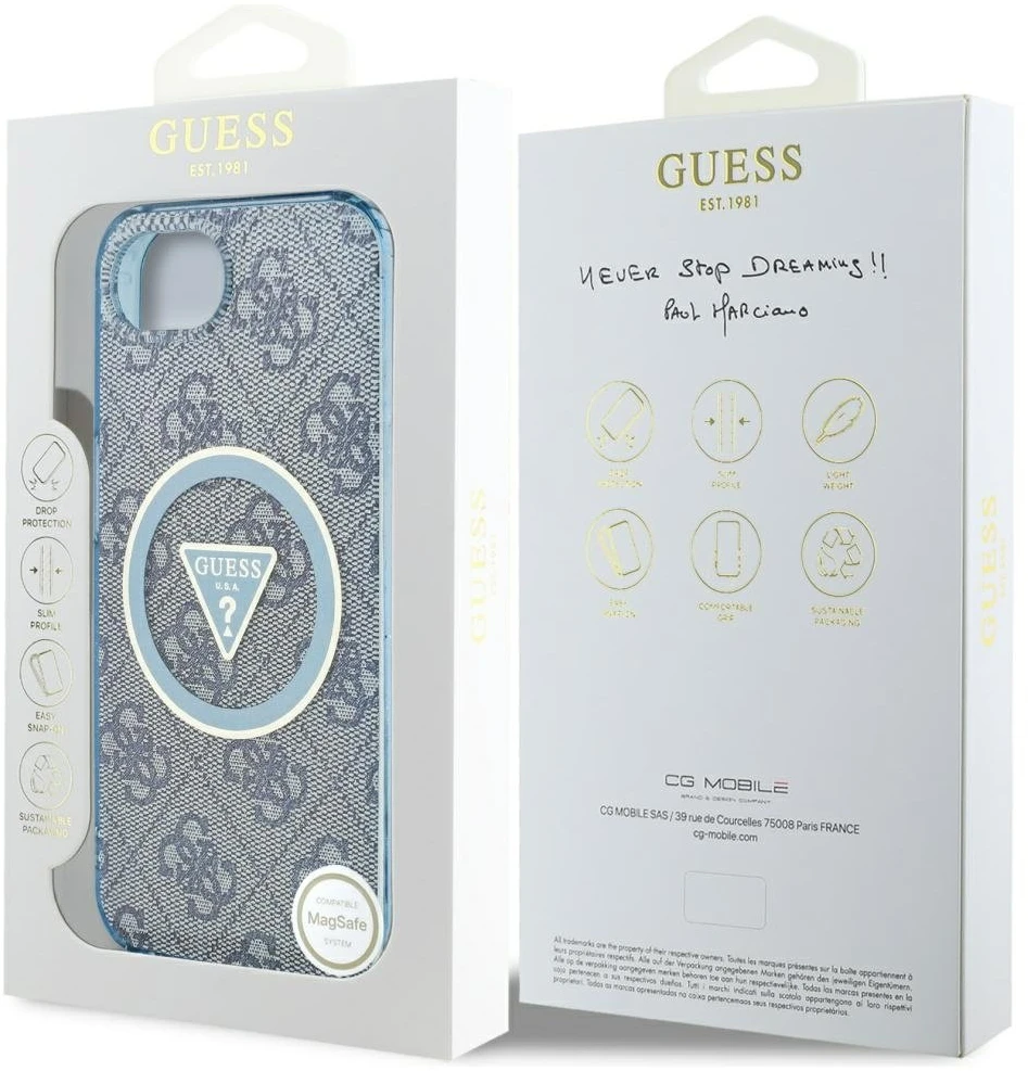 Guess IML Metal Glitter 4G Circle Triangle MagSafe dėklas, skirtas iPhone 16e - Mėlyna