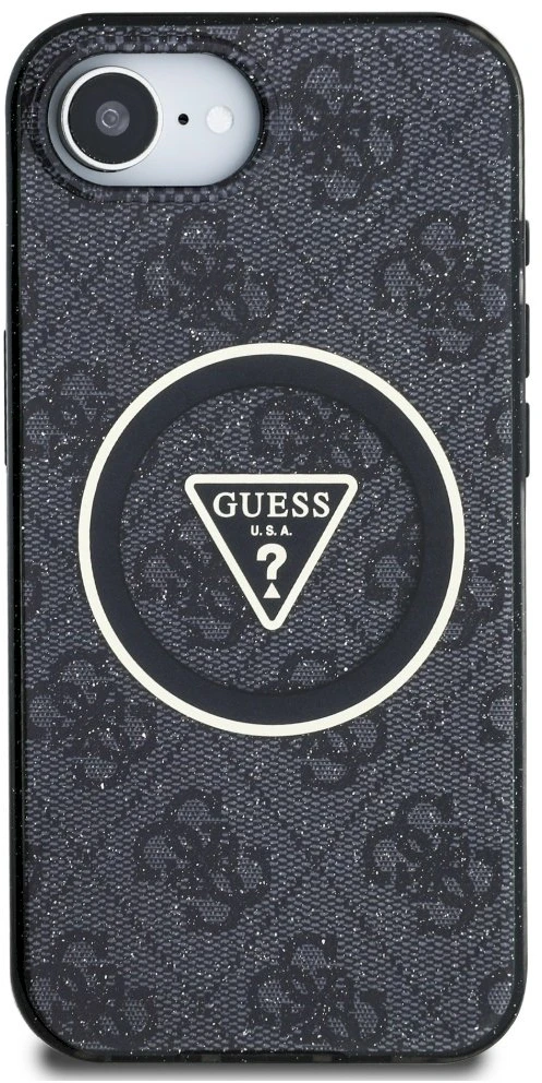 GUESS dėklas, skirtas IPHONE 16e (SE 4 2025) suderinamas su MagSafe GUHMPSE4HG4PRTGK (IML Metal Glitter 4G Circle Triangle) juodas