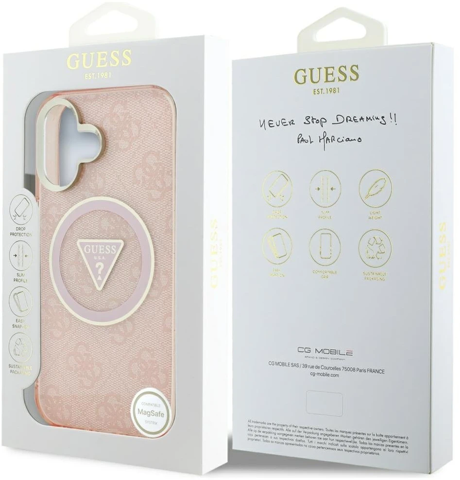 Guess IML Metal Glitter 4G Circle Triangle MagSafe dėklas iPhone 16 - rožinis