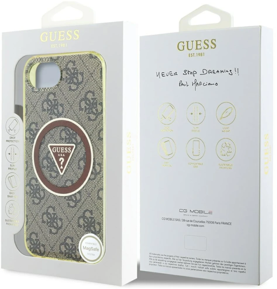 „Guess IML Metal Glitter 4G Circle Triangle MagSafe“ dėklas, skirtas iPhone 16e - ruda