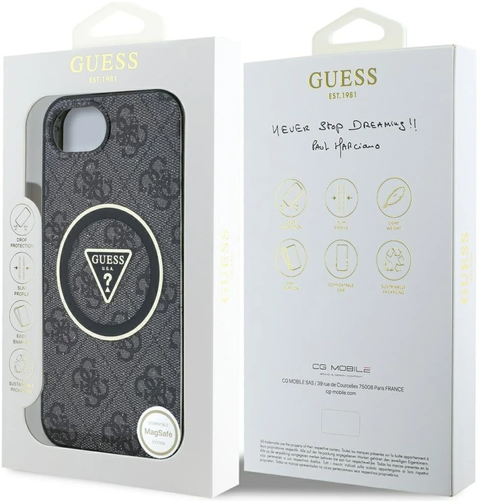 GUESS dėklas, skirtas IPHONE 16e (SE 4 2025) suderinamas su MagSafe GUHMPSE4HG4PRTGK (IML Metal Glitter 4G Circle Triangle) juodas