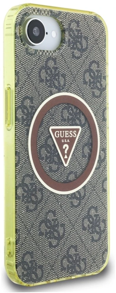 „Guess IML Metal Glitter 4G Circle Triangle MagSafe“ dėklas, skirtas iPhone 16e - ruda