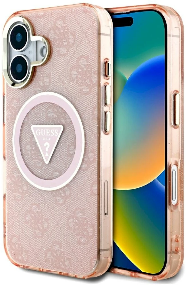 Guess IML Metal Glitter 4G Circle Triangle MagSafe dėklas iPhone 16 - rožinis