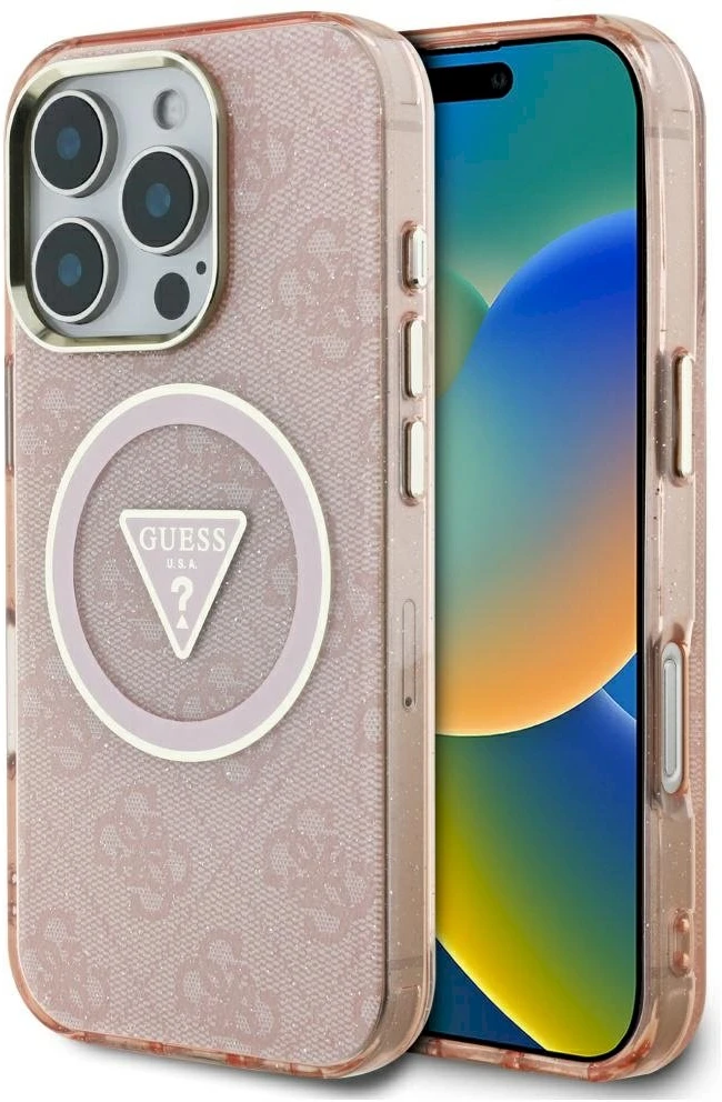 Guess IML Metal Glitter 4G Circle Triangle MagSafe dėklas, skirtas iPhone 16 Pro Max - Rožinė