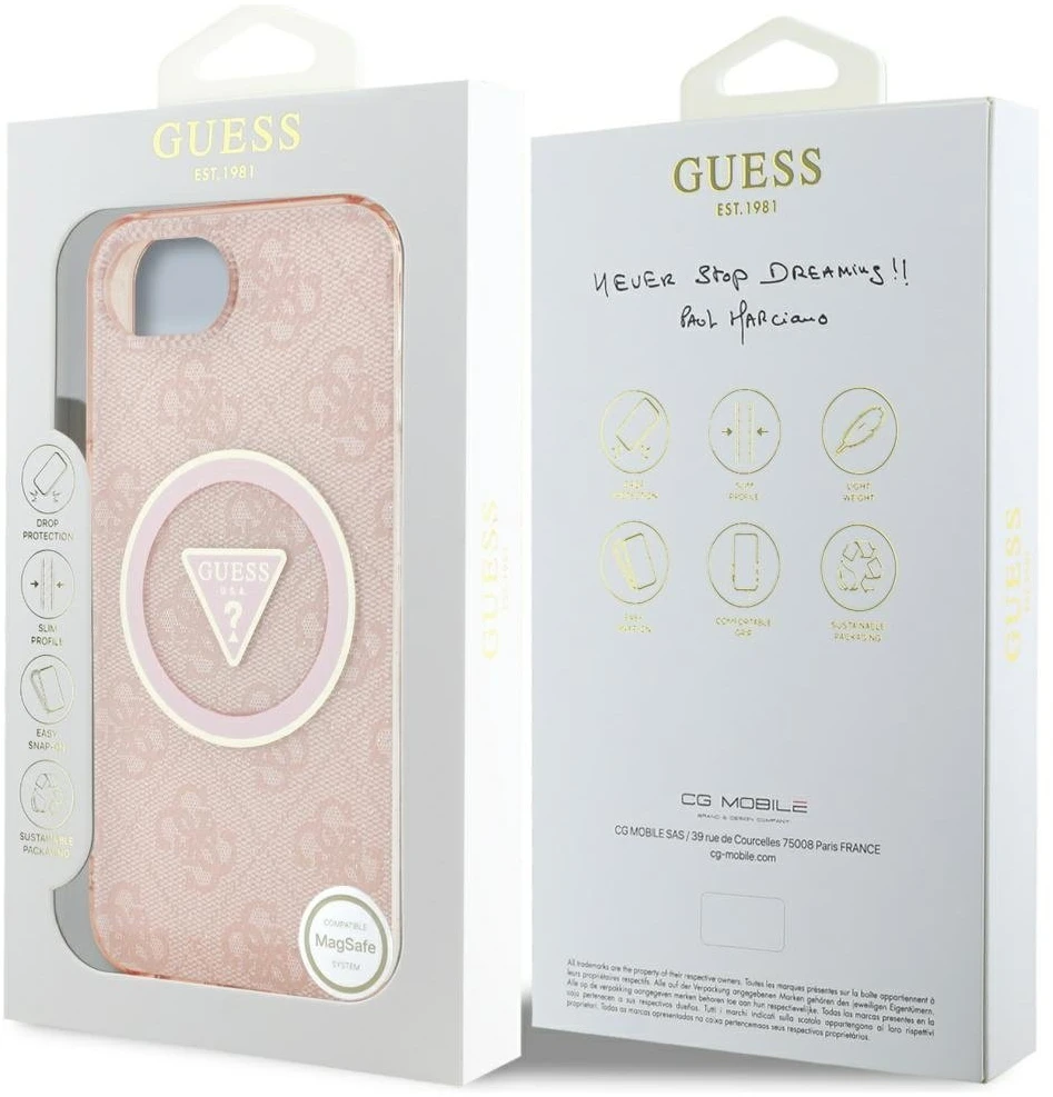 Guess IML Metal Glitter 4G Circle Triangle MagSafe dėklas iPhone 16e - rožinis