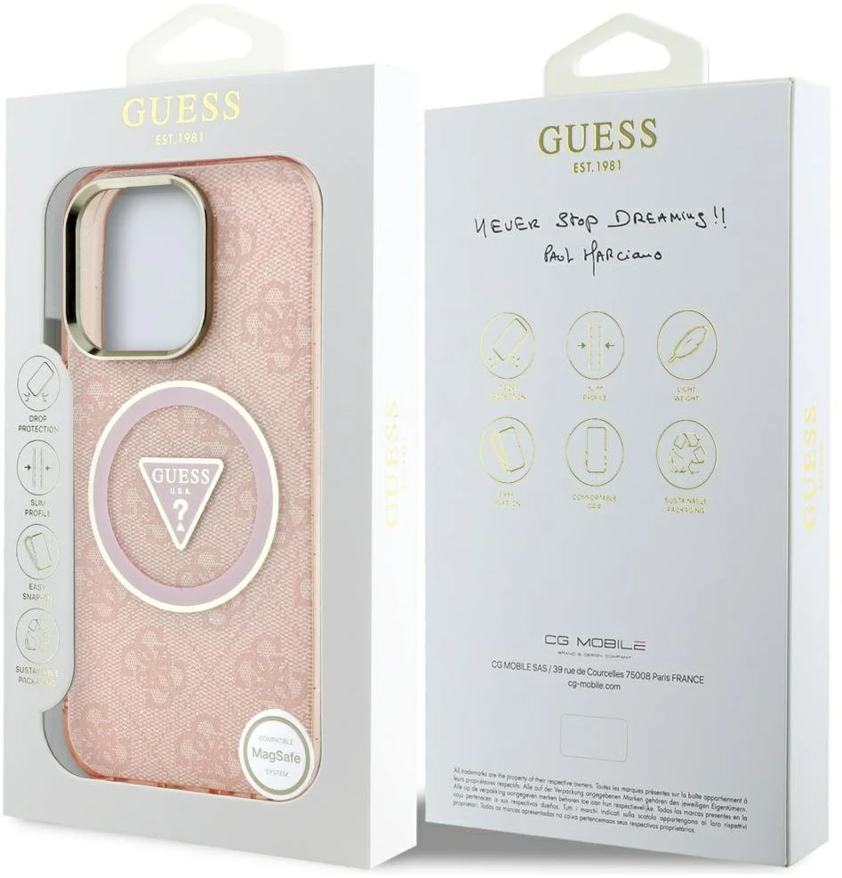 Guess IML Metal Glitter 4G Circle Triangle MagSafe dėklas, skirtas iPhone 16 Pro Max - Rožinė