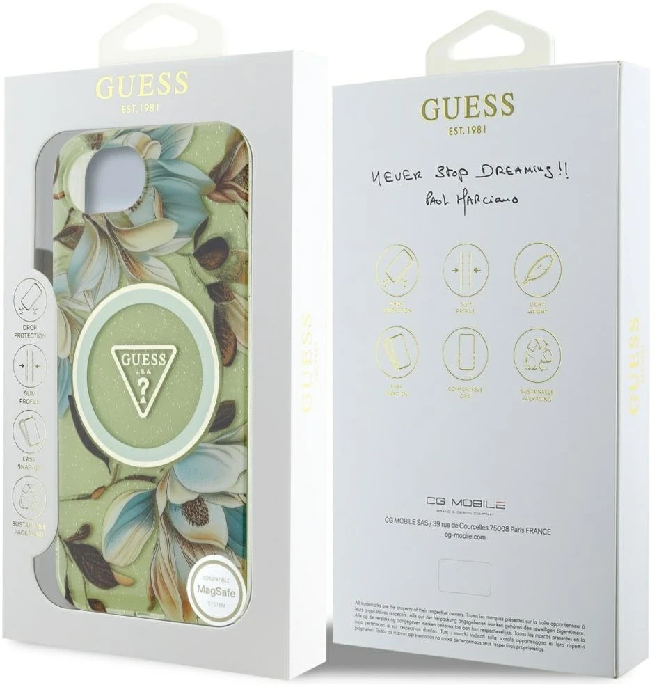 Guess IML Metal Glitter Flowers Triangle MagSafe iPhone 16e Dėklas - Žalias