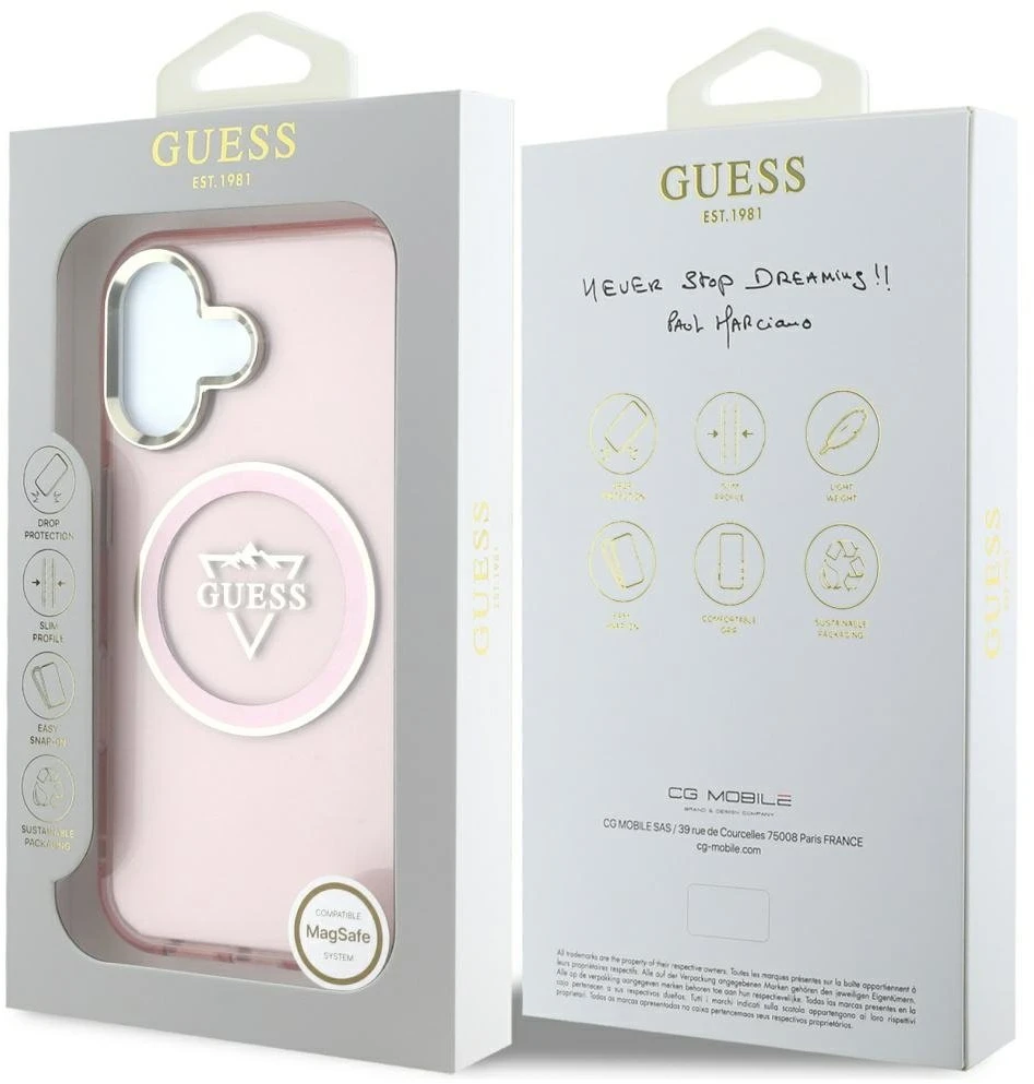 Dėklas Guess IML Metal Mountain Logo MagSafe Apple iPhone 16 rožinės spalvos