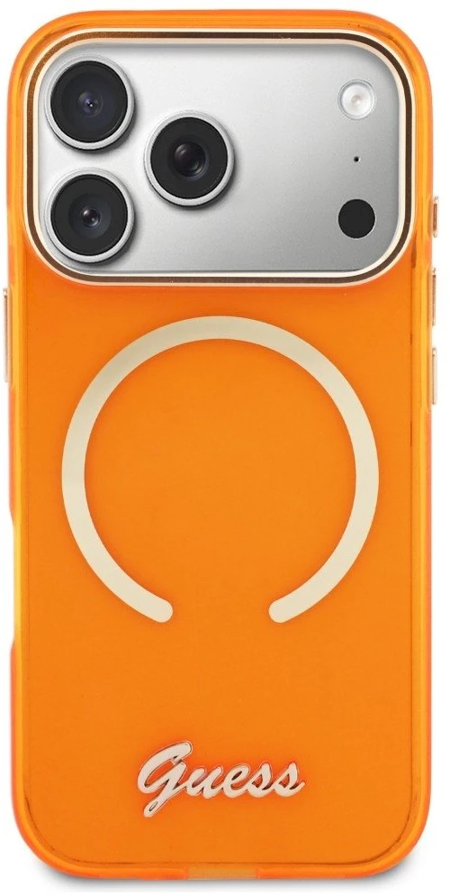 „Guess IML Script Metal MagSafe“ dėklas, skirtas „iPhone 17 Pro“ – oranžinis