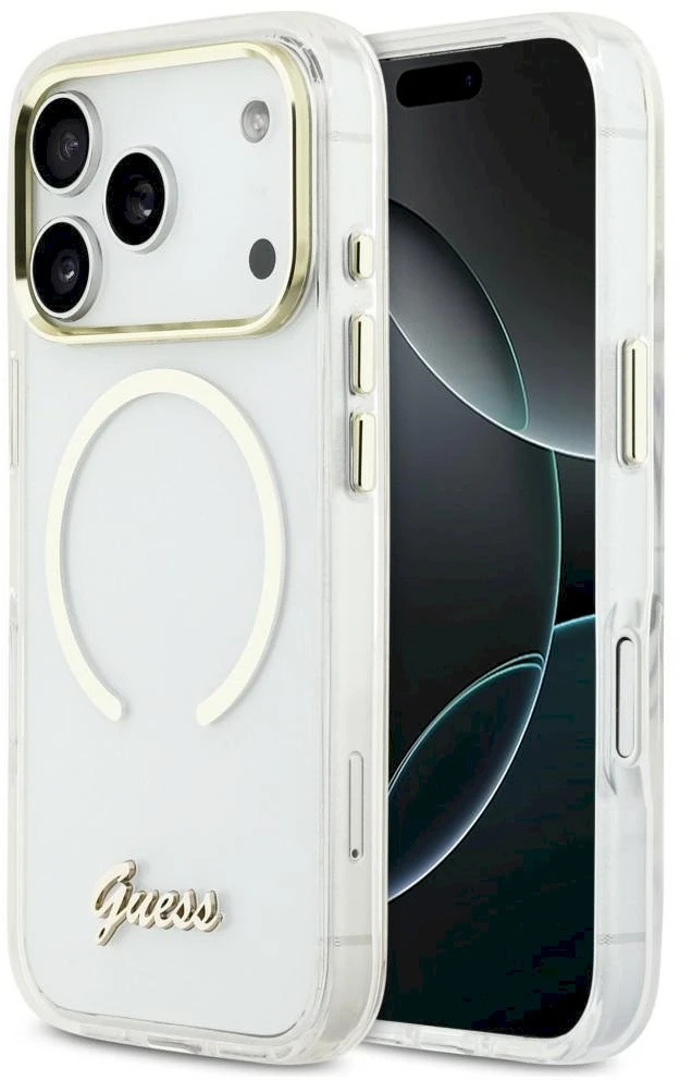 „Guess IML Script“ metalinis „MagSafe“ dėklas, skirtas „iPhone 17 Pro Max“ – skaidrus