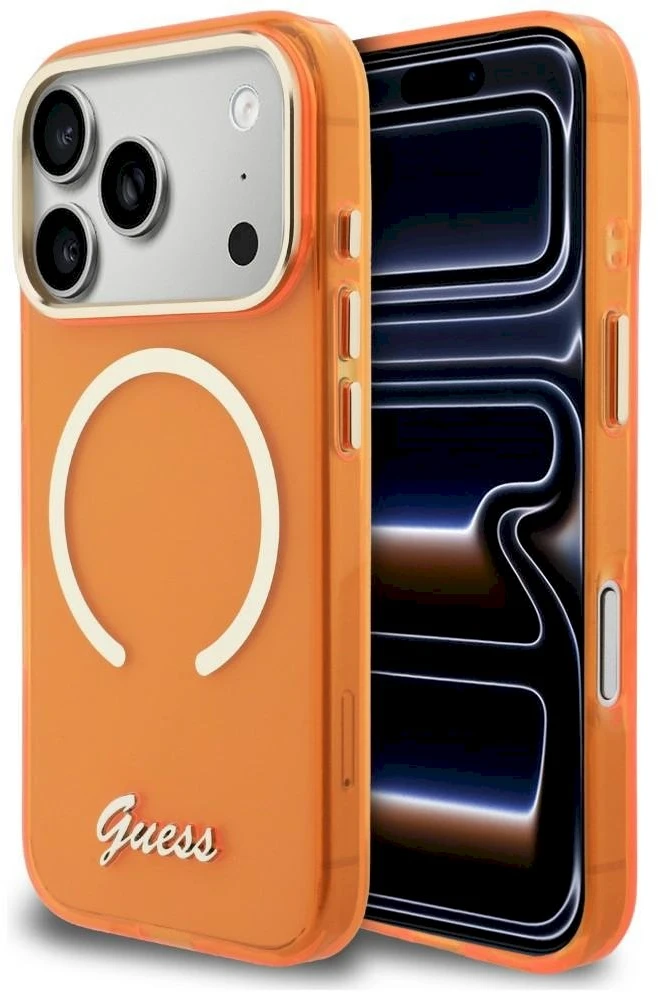 „Guess IML Script Metal MagSafe“ dėklas, skirtas „iPhone 17 Pro“ – oranžinis