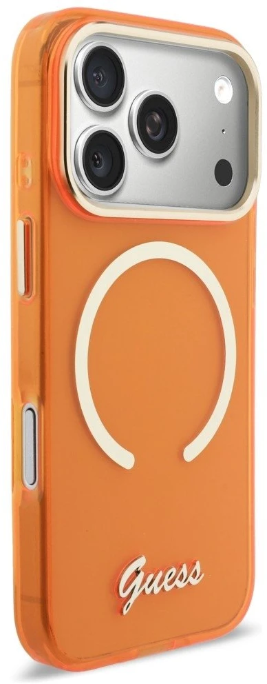 „Guess IML Script Metal MagSafe“ dėklas, skirtas „iPhone 17 Pro“ – oranžinis