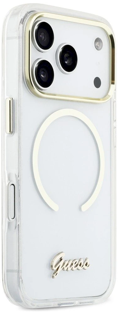 „Guess IML Script“ metalinis „MagSafe“ dėklas, skirtas „iPhone 17 Pro Max“ – skaidrus
