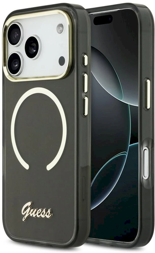 „Guess IML Script“ metalinis „MagSafe“ dėklas, skirtas „iPhone 17 Pro“ – Juodas