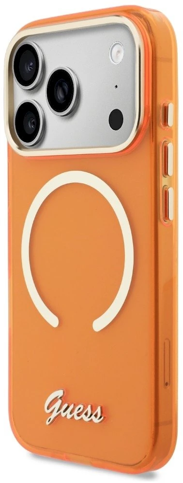 „Guess IML Script Metal MagSafe“ dėklas, skirtas „iPhone 17 Pro“ – oranžinis
