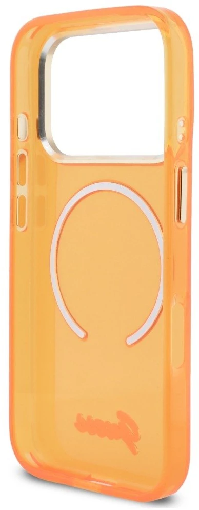 „Guess IML Script Metal MagSafe“ dėklas, skirtas „iPhone 17 Pro“ – oranžinis