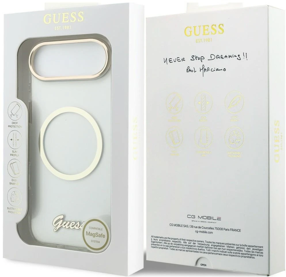 „Guess IML Script Metal MagSafe“ dėklas, skirtas „iPhone Air“ – skaidrus