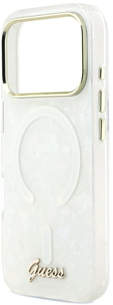 „Guess IML Shell Script“ metalinis „MagSafe“ dėklas, skirtas „iPhone 17 Pro Max“ – Baltas