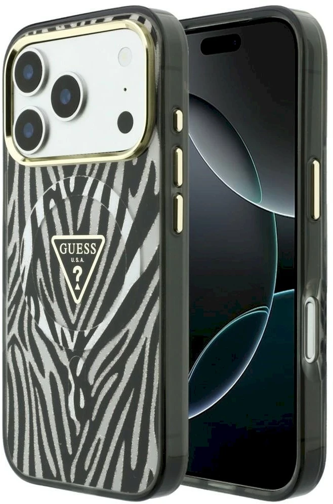 Guess IML Zebra Glitter Triangle Logo dėklas, skirtas „MagSafe“ iPhone 18 Pro / 17 Pro – sidabrinis