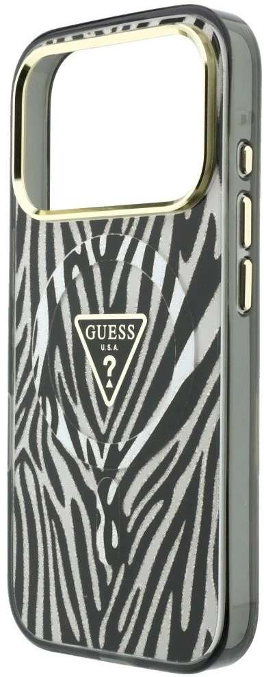 Guess IML Zebra Glitter Triangle Logo dėklas, skirtas „MagSafe“ iPhone 18 Pro / 17 Pro – sidabrinis