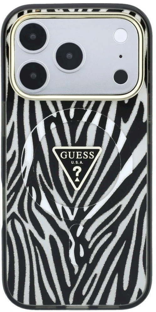 Guess IML Zebra Glitter Triangle Logo dėklas, skirtas „MagSafe“ iPhone 18 Pro / 17 Pro – sidabrinis