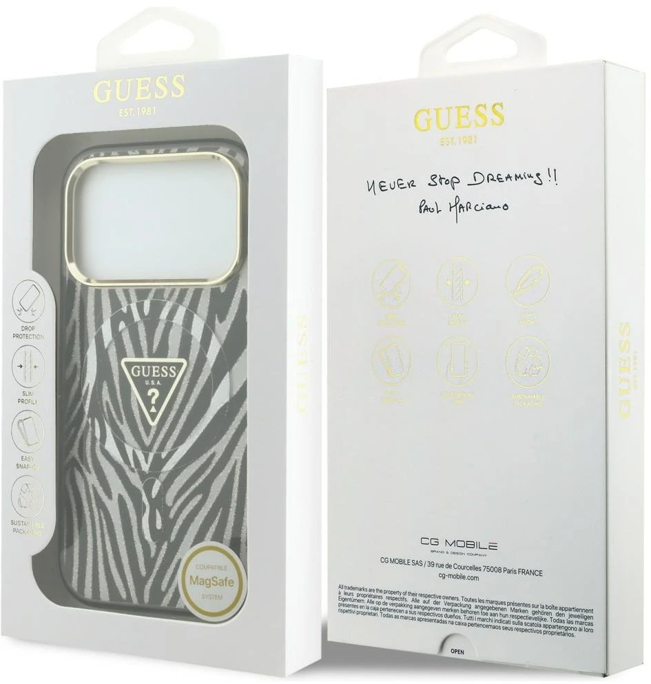 Guess IML Zebra Glitter Triangle Logo dėklas, skirtas „MagSafe“ iPhone 18 Pro / 17 Pro – sidabrinis