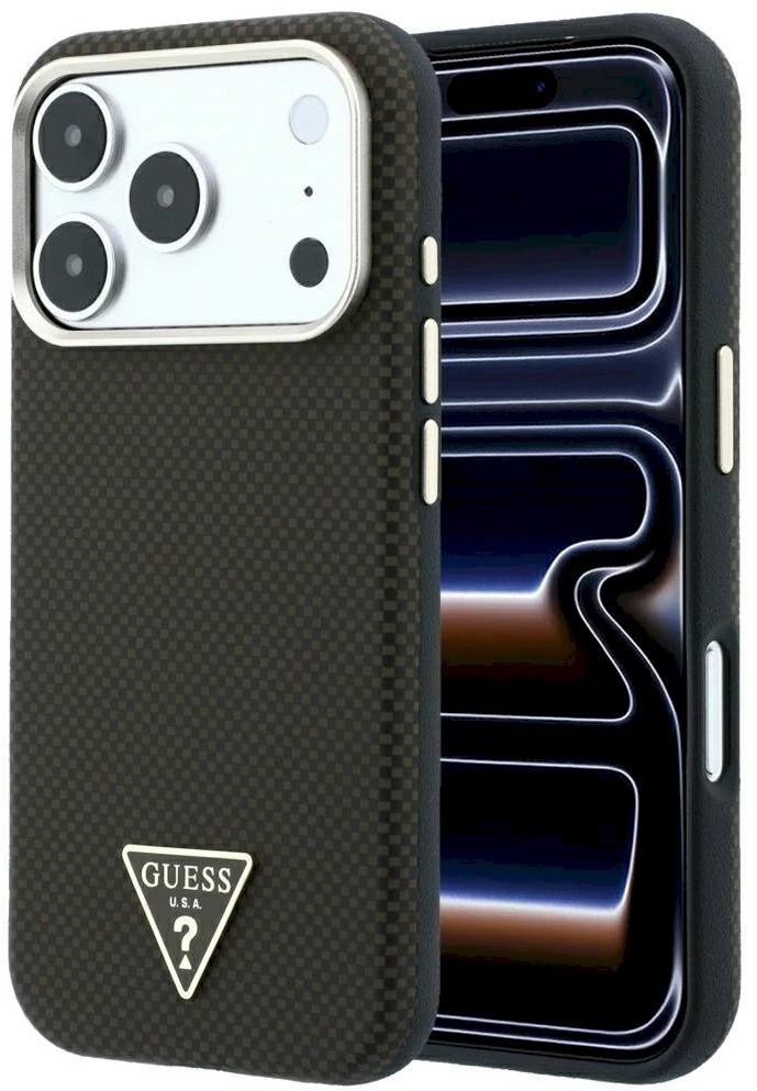 Guess Kevlar Triangle Logo MagSafe dėklas, skirtas iPhone 17 Pro / 18 Pro – ruda