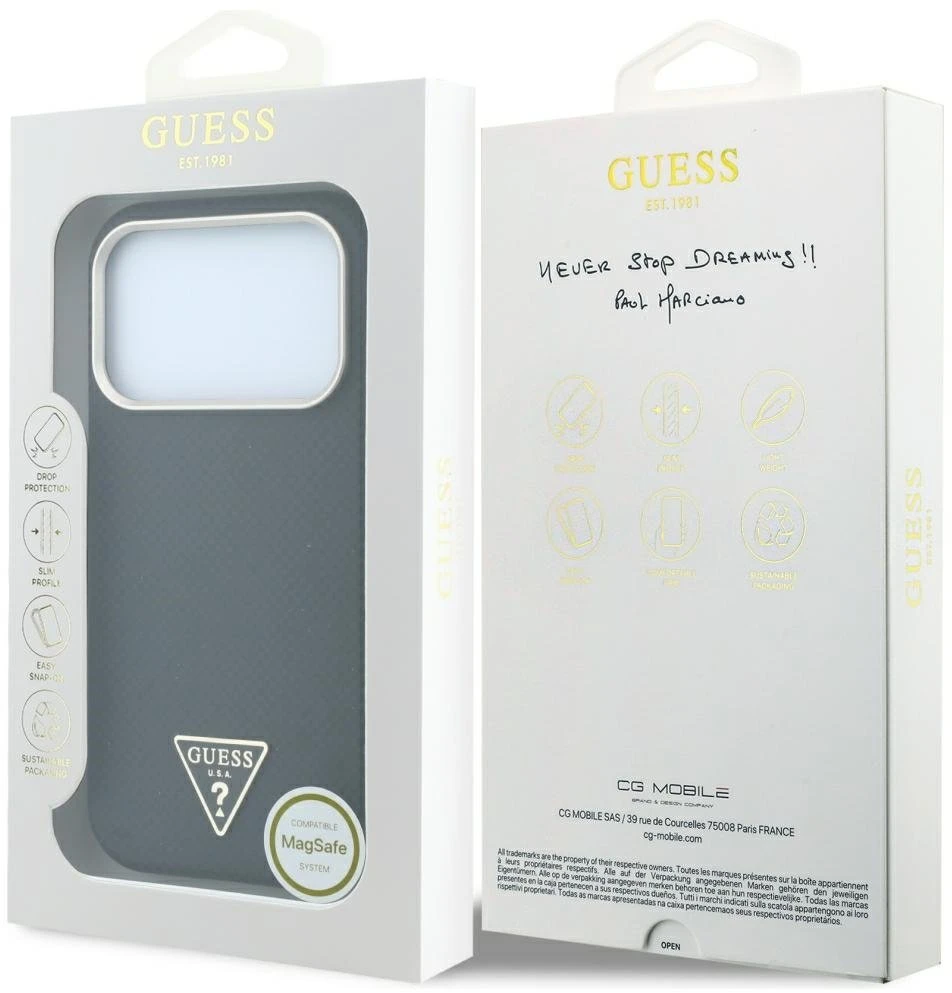Dėklas Guess Kevlar Triangle Logo MagSafe Case, skirtas iPhone 17 Pro / 18 Pro - Juodas