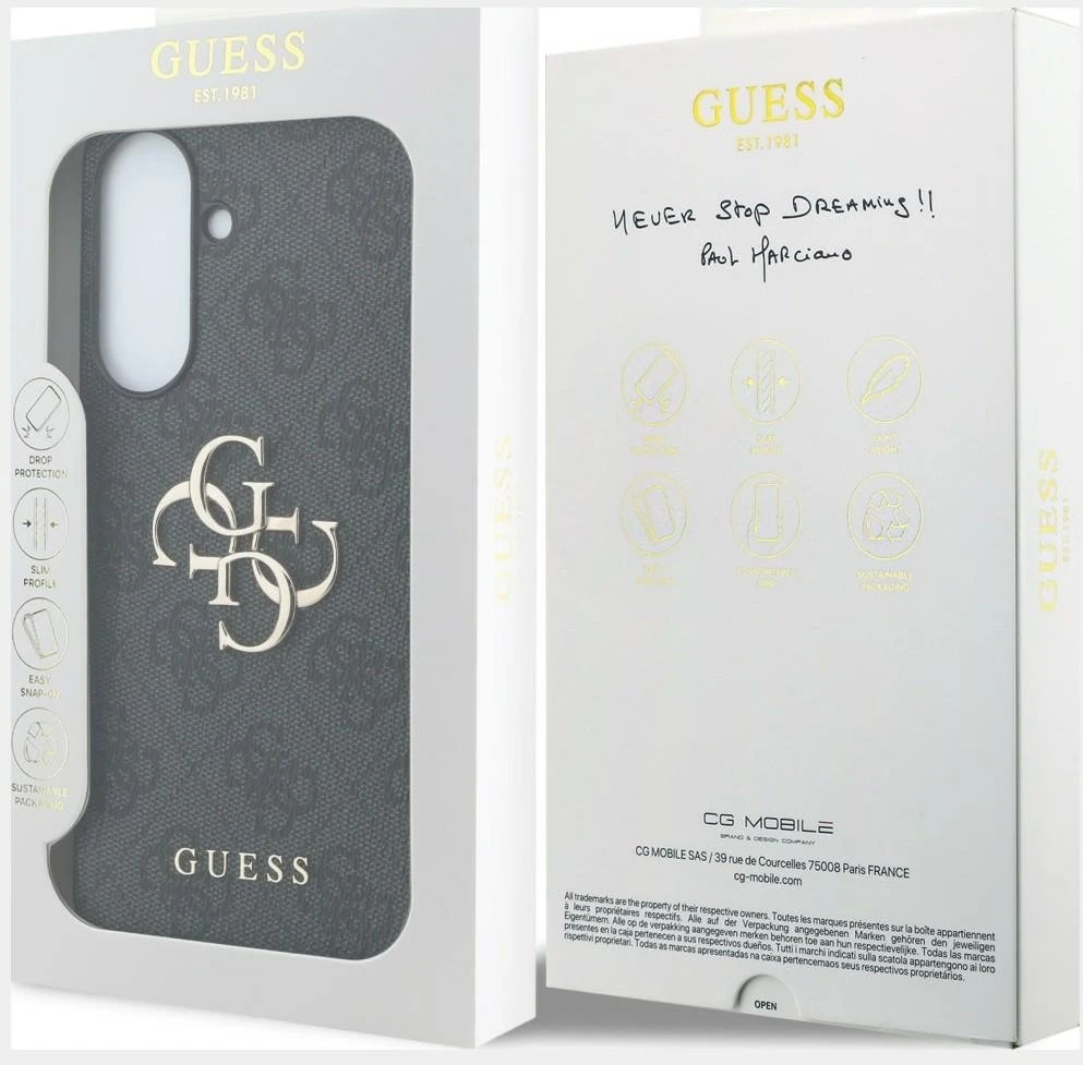 Guess PU 4G Metal Logo dėklas skirtas Samsung Galaxy A57 pilkos spalvos