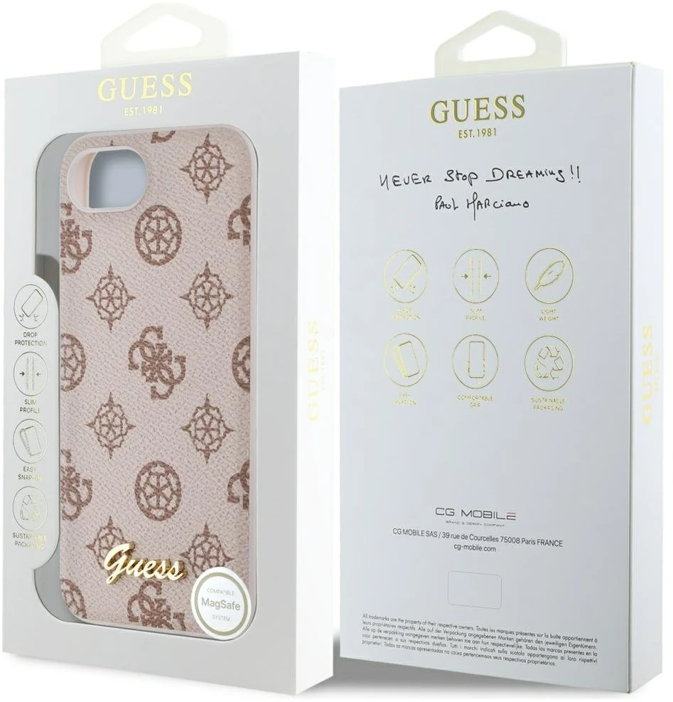 Guess Peony Script logotipas MagSafe iPhone 16e dėklas – rudas