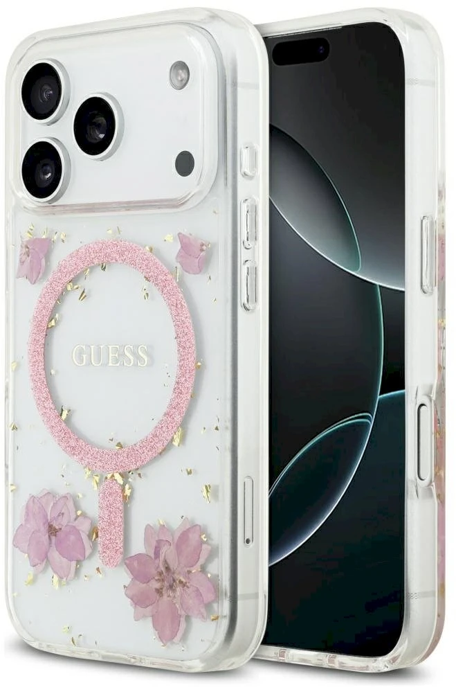 GUESS dėklas, skirtas IPHONE 17 Pro, suderinamas su MagSafe GUHMP17LRBFGFGMP (dervos gėlės ir blizgučiai), rožinis