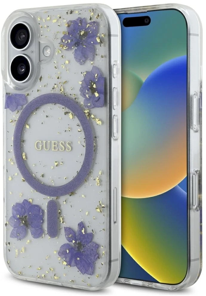 Guess Resin Flowers Glitter MagSafe dėklas iPhone 16 - violetinė