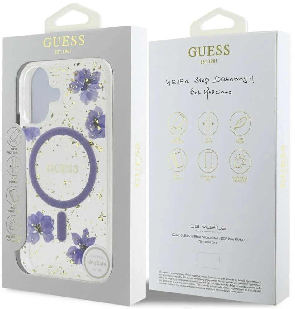 Guess Resin Flowers Glitter MagSafe dėklas iPhone 16 - violetinė