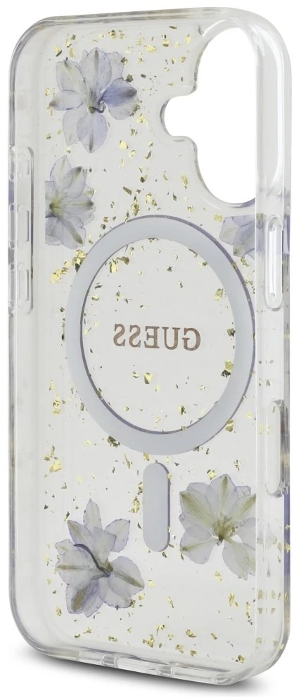Guess Resin Flowers Glitter MagSafe dėklas iPhone 16 - violetinė