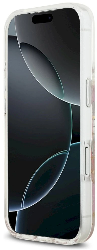 GUESS dėklas, skirtas IPHONE 17 Pro, suderinamas su MagSafe GUHMP17LRBFGFGMP (dervos gėlės ir blizgučiai), rožinis