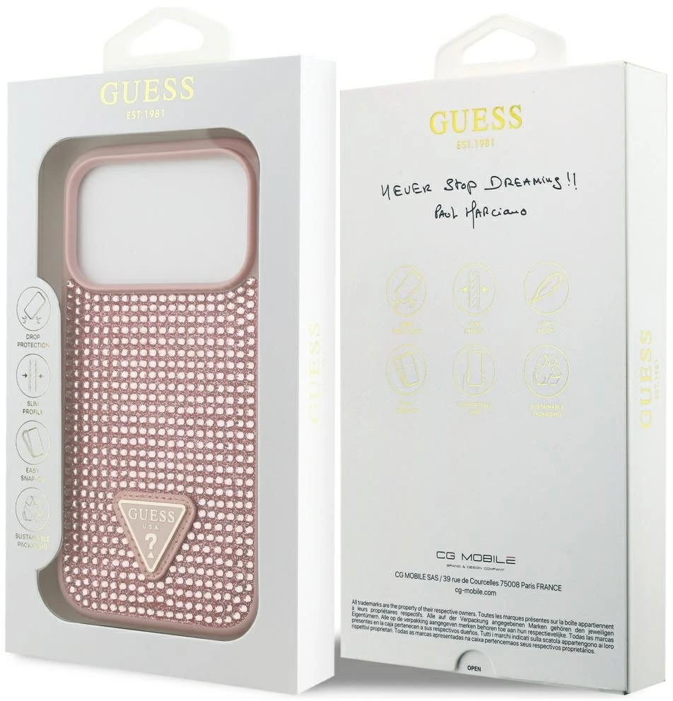 Dėklas Guess Rhinestone Triangle Logo for Apple iPhone 17 Pro pink