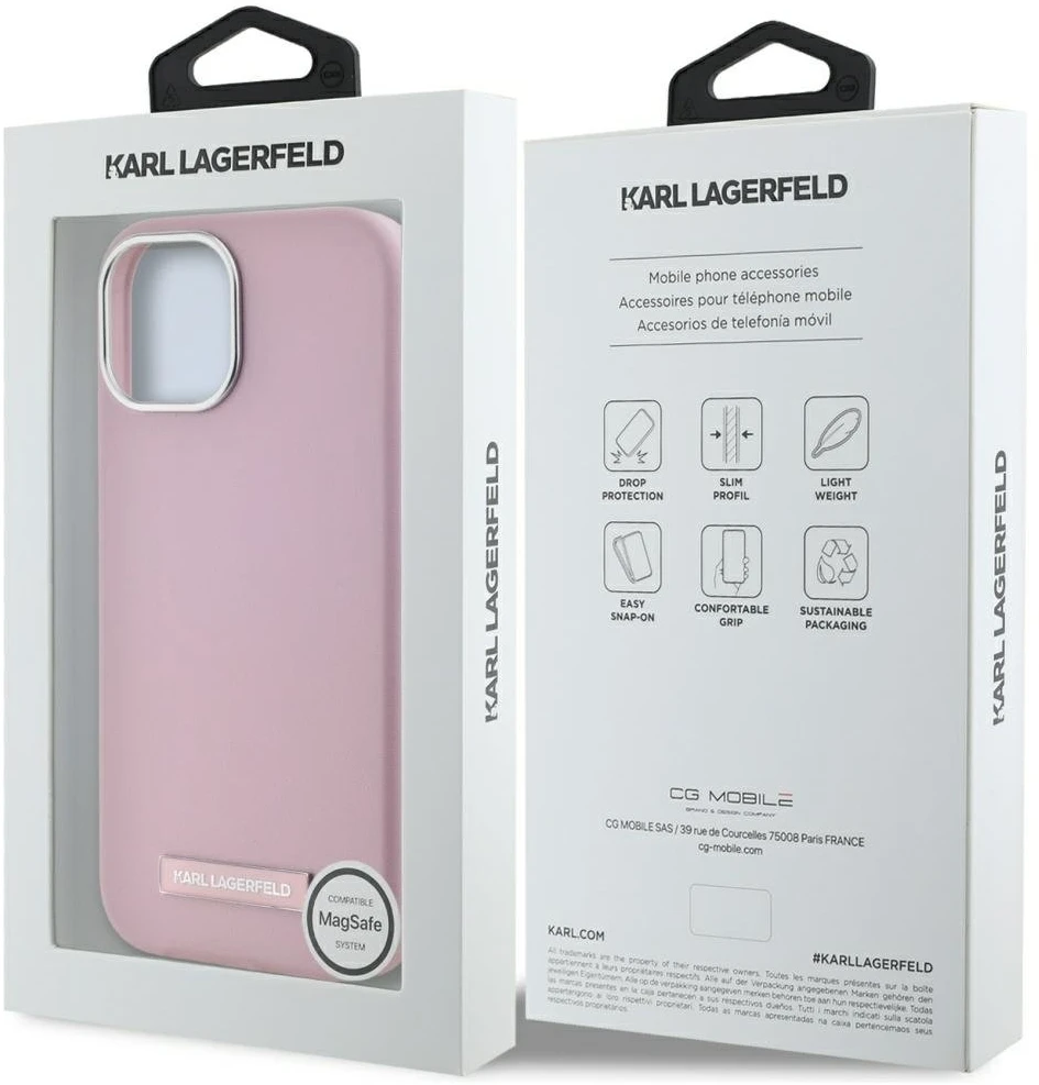 Dėklas Karl Lagerfeld FW Metal Plate MagSafe Apple iPhone 15 rožinės spalvos