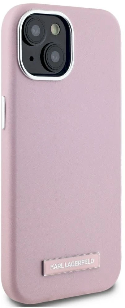 Dėklas Karl Lagerfeld FW Metal Plate MagSafe Apple iPhone 15 rožinės spalvos
