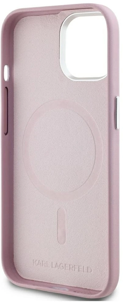 Dėklas Karl Lagerfeld FW Metal Plate MagSafe Apple iPhone 15 rožinės spalvos