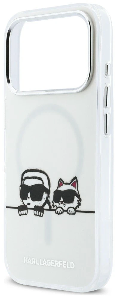 „Karl Lagerfeld IML Karl & Choupette Peekaboo Logo MagSafe“ dėklas, skirtas „iPhone 17 Pro“ – baltas