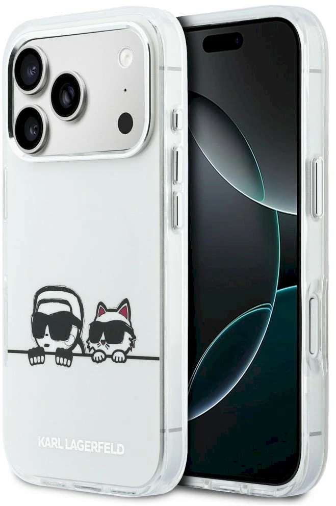 „Karl Lagerfeld IML Karl & Choupette Peekaboo Logo MagSafe“ dėklas, skirtas „iPhone 17 Pro“ – baltas