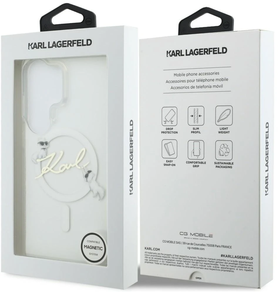 Karl Lagerfeld IML Choupette Karl Script Logo Magnetic dėklas skirtas Samsung Galaxy S26 Ultra Transparent