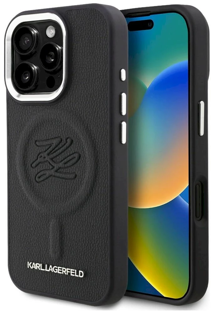 Karl Lagerfeld „MagSafe“ dėklas su inicialais ir metaliniu logotipu, skirtas „iPhone 16 Pro“ – Juodas